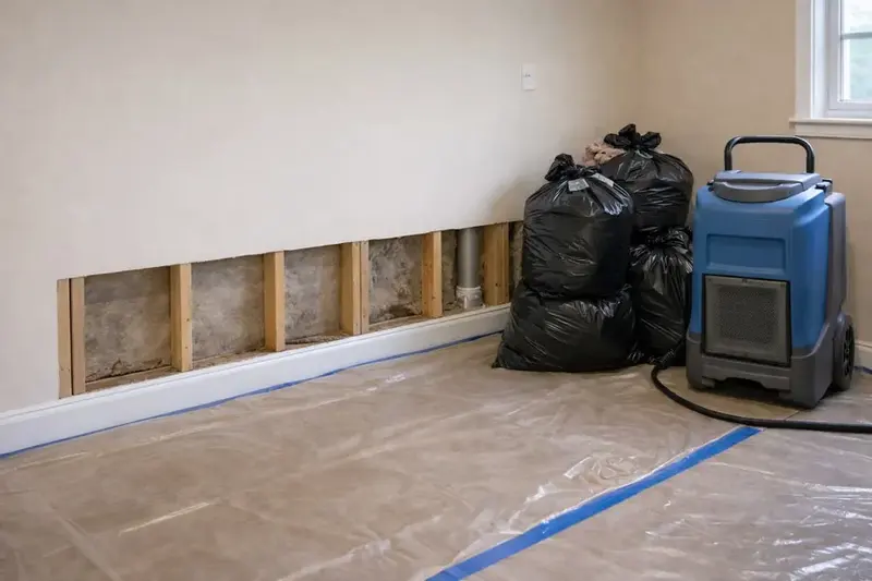 Dehumidifier beside a flood cut in the lower wall with the floor protected