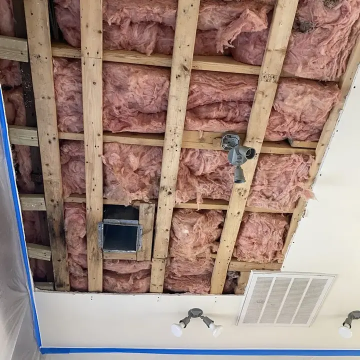 Wet ceiling drywall removed to expose the joists and insulation