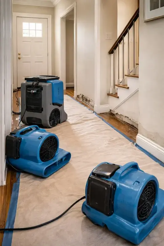 Air movers and a dehumidifier drying a front hall with a staircase after a water loss