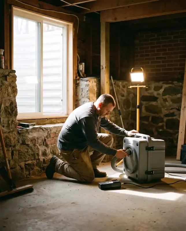 Technician setting up equipment in a basement with fieldstone and brick foundation walls