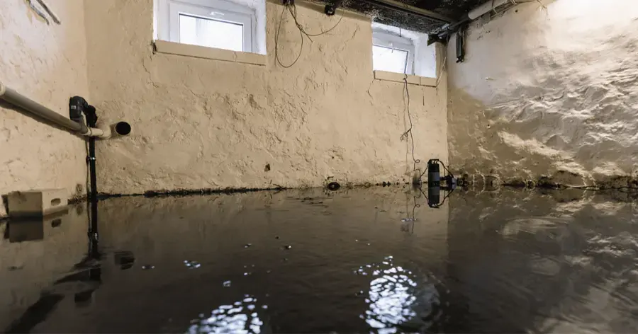 Standing water across a basement with whitewashed stone foundation walls