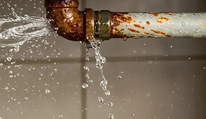 Water spraying from a corroded galvanized pipe fitting