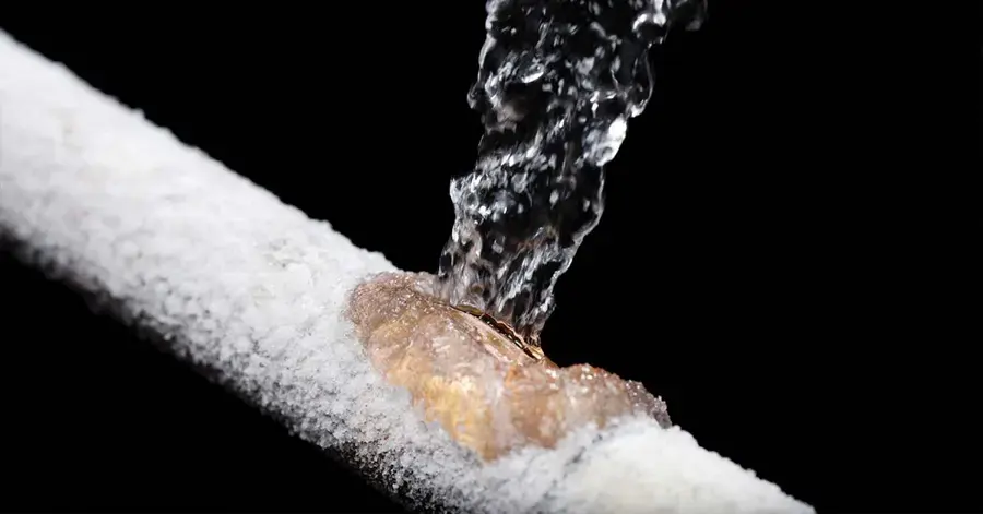 Water bursting from a frost-covered pipe that split in the cold
