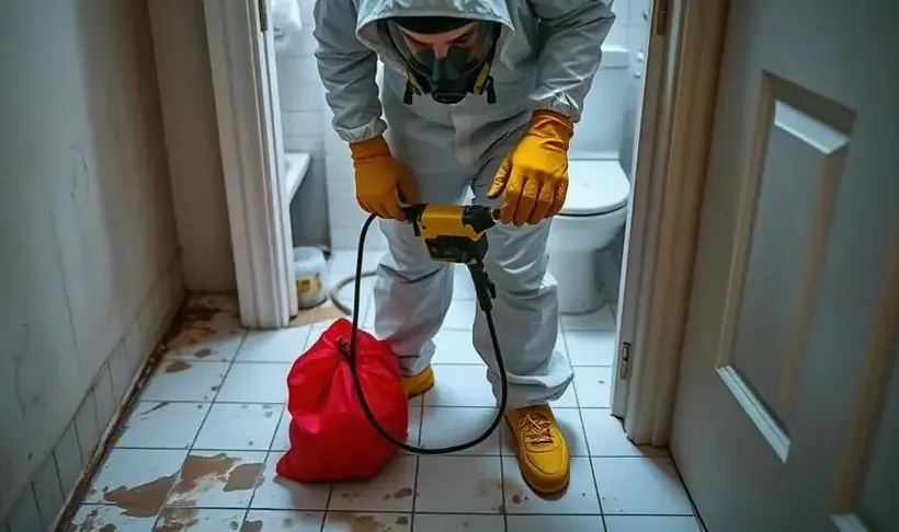 Technician in a protective suit and respirator treating a bathroom floor after a sewage backup