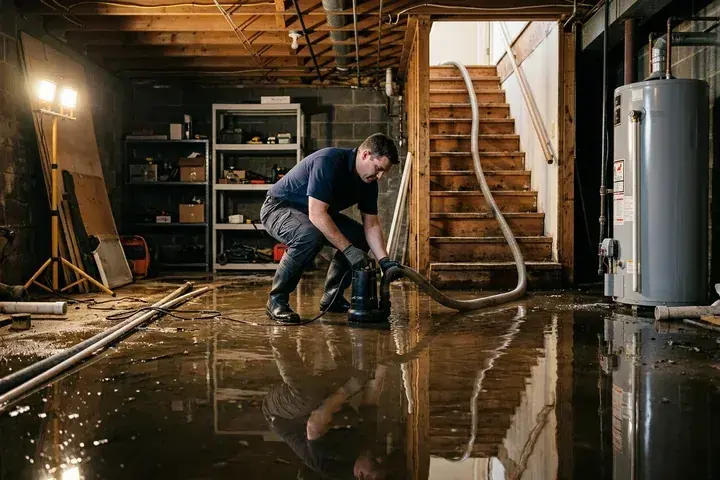 Technician running a submersible pump in a flooded basement next to a water heater