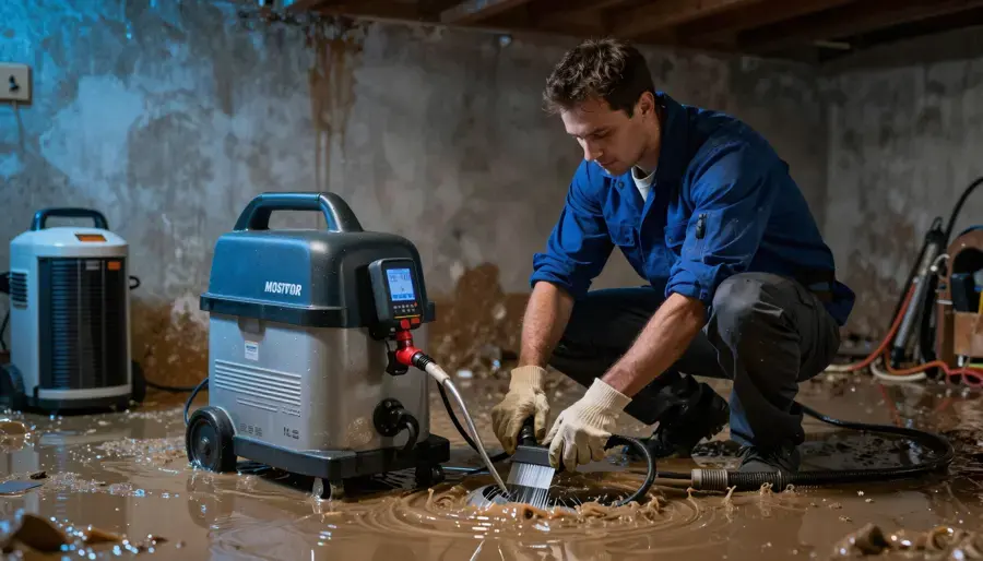 Technician extracting muddy standing water from a basement floor