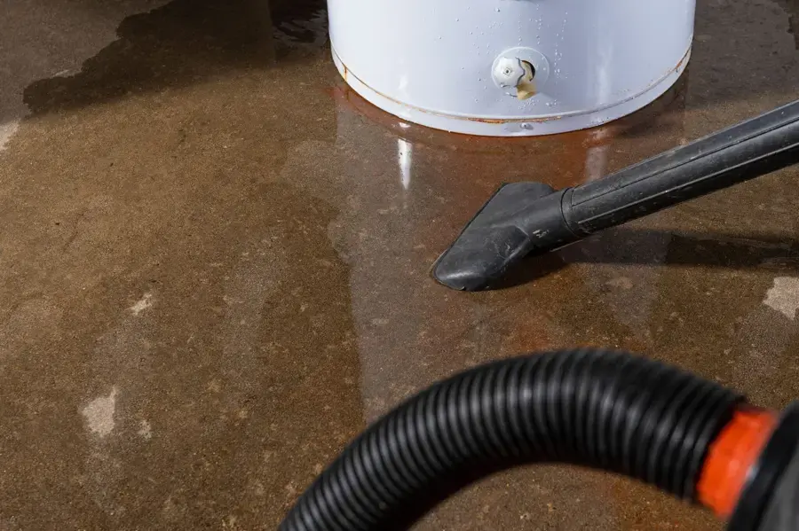 Extraction wand pulling water from around a leaking tank water heater